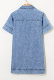 Beau Blue Short Sleeve Collared Patched Pocket Denim Mini Dress