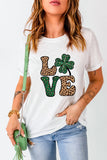 White Cheetah Clover LOVE Graphic St. Patricks Crewneck Tee