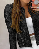 Sparkly Sequin Open Front Puff Sleeve Blazer Coat