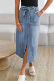 Dusk Blue Light Wash Belted High Waist Midi Denim Skirt