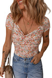 Orange Short Sleeve Floral Ruched Sweetheart Bodysuit