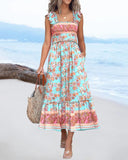 Feather Pattern Square Neck Thick Strap Shirred Ruffles Hem A Line Dress Vacation Dress