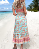Feather Pattern Square Neck Thick Strap Shirred Ruffles Hem A Line Dress Vacation Dress