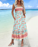 Floral Pattern Square Neck Thick Strap Shirred Ruffles Hem A Line Dress Vacation Dress