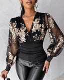 Floral Sequin Decor Sheer Mesh Top