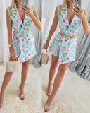 Floral Print Notched Collar Plunge V Neck Sleeveless Romer Casual Slim Fit Blazer Skort Jumpsuit