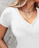 V Neck Short Sleeve Ribbed T Shirt Casual Slim Fit Top