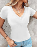 V Neck Short Sleeve Ribbed T Shirt Casual Slim Fit Top