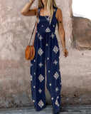 Graphic Print Thick Strap Square Neck Shirred Jumpsuit Wide Leg Vacation Overalls with Pockets