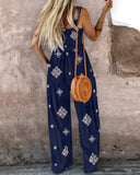 Graphic Print Thick Strap Square Neck Shirred Jumpsuit Wide Leg Vacation Overalls with Pockets