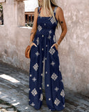 Graphic Print Thick Strap Square Neck Shirred Jumpsuit Wide Leg Vacation Overalls with Pockets