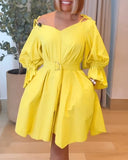 V Neck Cold Shoulder Bell Sleeve Bow Tie Shoulder Vacation Dress Casual Cinched Waist A Line Dress with Belt