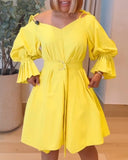 V Neck Cold Shoulder Bell Sleeve Bow Tie Shoulder Vacation Dress Casual Cinched Waist A Line Dress with Belt