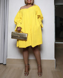 V Neck Cold Shoulder Bell Sleeve Bow Tie Shoulder Vacation Dress Casual Cinched Waist A Line Dress with Belt