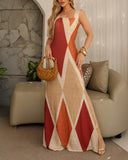 Geometric Print Casual Slim Fit Slit Maxi Strappy Dress