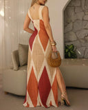 Geometric Print Casual Slim Fit Slit Maxi Strappy Dress