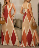 Geometric Print Casual Slim Fit Slit Maxi Strappy Dress