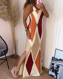 Geometric Print Casual Slim Fit Slit Maxi Strappy Dress