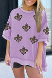 Orchid Petal Sequin Fleur De Lis Patched Exposed Seam Oversize Top