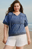 Sail Blue Plus Drawstring V Neck Puff Sleeve Denim Blouse