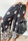 Black Plus Size Geometric Ethnic Print Drawstring Wide Leg Pants