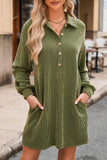 Moss Green Corded Buttons Placket Drop Shoulder Collared Shift Dress