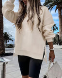 Round Neck Drop Shoulder Long Sleeve Zipper Side Slit Sweatshirt Casual High Low Hem Top