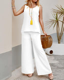 Plain Casual Tank Top & Wide Leg Pants Set