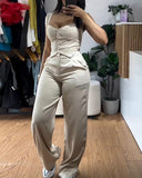 2 Piece Thick Strap Button Front Slim Fit Tank Top High Waist Wide Leg Pants Casual Outfit Set