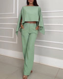 3 Pieces Outfit Cold Shoulder Slit Cloak Sleeve Asymmetrical Hem Convertible Top and Casual Zipper Fly Elastic Back Waist Pants Set With Bandeau