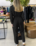 Lapel V neck Collar Shirred Drawstring Waist Jumpsuit