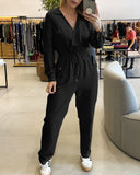 Lapel V neck Collar Shirred Drawstring Waist Jumpsuit