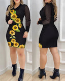 Sunflower Pattern See Through Sheer Mesh Long Sleeve Dress Sexy Turn down Collar Bodycon Mini Dress