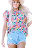 Rose Red Floral Print Ruffled Flutter Sleeve Blouse