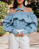 Denim Turn down Collar Lantern Sleeve Beaded Front Button Shirred Blouse Casual Top