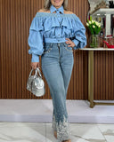 Denim Turn down Collar Lantern Sleeve Beaded Front Button Shirred Blouse Casual Top