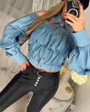 Denim Turn down Collar Lantern Sleeve Beaded Front Button Shirred Blouse Casual Top