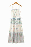 White Floral Print Smocked Ruffled Sleeveless Maxi Dress