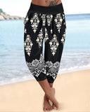 Tribal Print Low Waist Button Decor Capris Pants Vintage Pants with Pocket