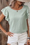 Clearly Aqua Solid Color Ruffled Short Sleeve Casual Blouse