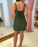 Plain Square Neck Lace up Back Shirred Tied Detail Romper Empire Waistline Slit Short Jumpsuit