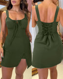 Plain Square Neck Lace up Back Shirred Tied Detail Romper Empire Waistline Slit Short Jumpsuit