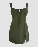 Leopard Square Neck Spaghetti Strap Romper Asymmetrical Lace up Slit Romper