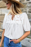 White Embroidered Lace Patchwork Tie Neck Puff Short Sleeve Blouse