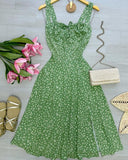 Ditsy Floral Print Square Neck Shirred Lace up Back High Slit A line Dress