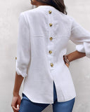 V Neck Roll Up Sleeve Back Button Blouse Casual Top with Pocket