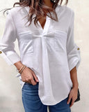 V Neck Roll Up Sleeve Back Button Blouse Casual Top with Pocket