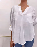 V Neck Roll Up Sleeve Back Button Blouse Casual Top with Pocket