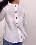 V Neck Roll Up Sleeve Back Button Blouse Casual Top with Pocket