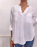 V Neck Roll Up Sleeve Back Button Blouse Casual Top with Pocket